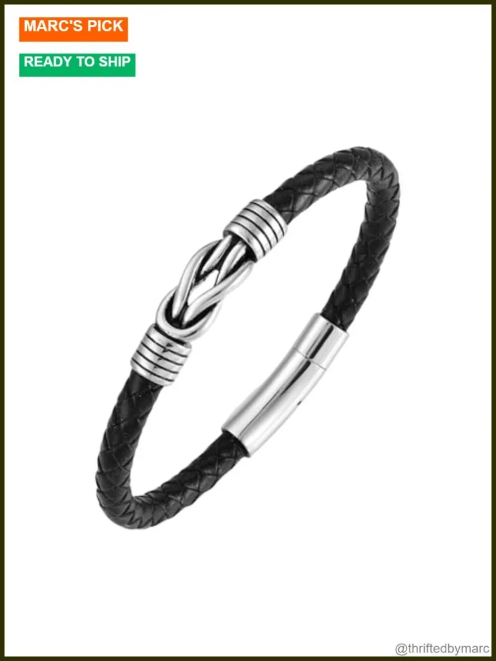 Men's Stainless Steel Black Braided Leather Bangle Infinity Knot Bracelet Cuff